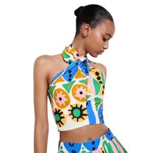 Zara Monaco Print Halter Neck Top Shirt Womens Medium Blue Pink Sleeveless Boho